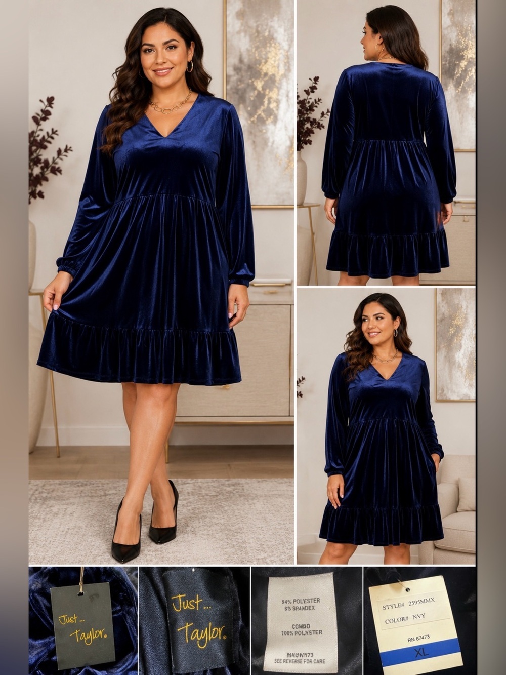 Just Taylor Blue Velvet Long Sleeve Dress XL